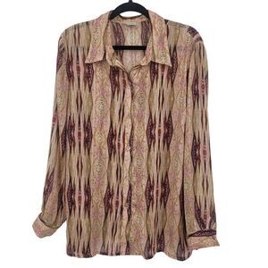 Vintage 70s‎ Sheer Button Down Blouse XL Pink Metallic Geometric Striped Groovy